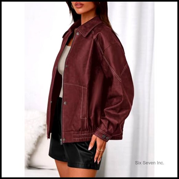 Faux Leather Bomber Jacket Oversized Moto Biker Style Winter Coat Retro Chic - Picture 3 of 7
